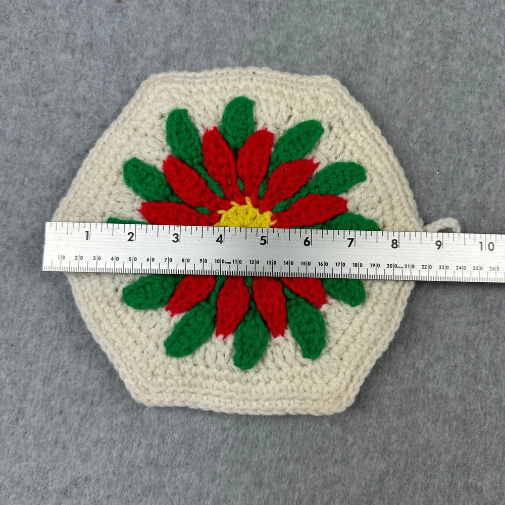 Vintage Handmade Crochet Poinsettia Potholder Hexagon Christmas Floral Cream Red
